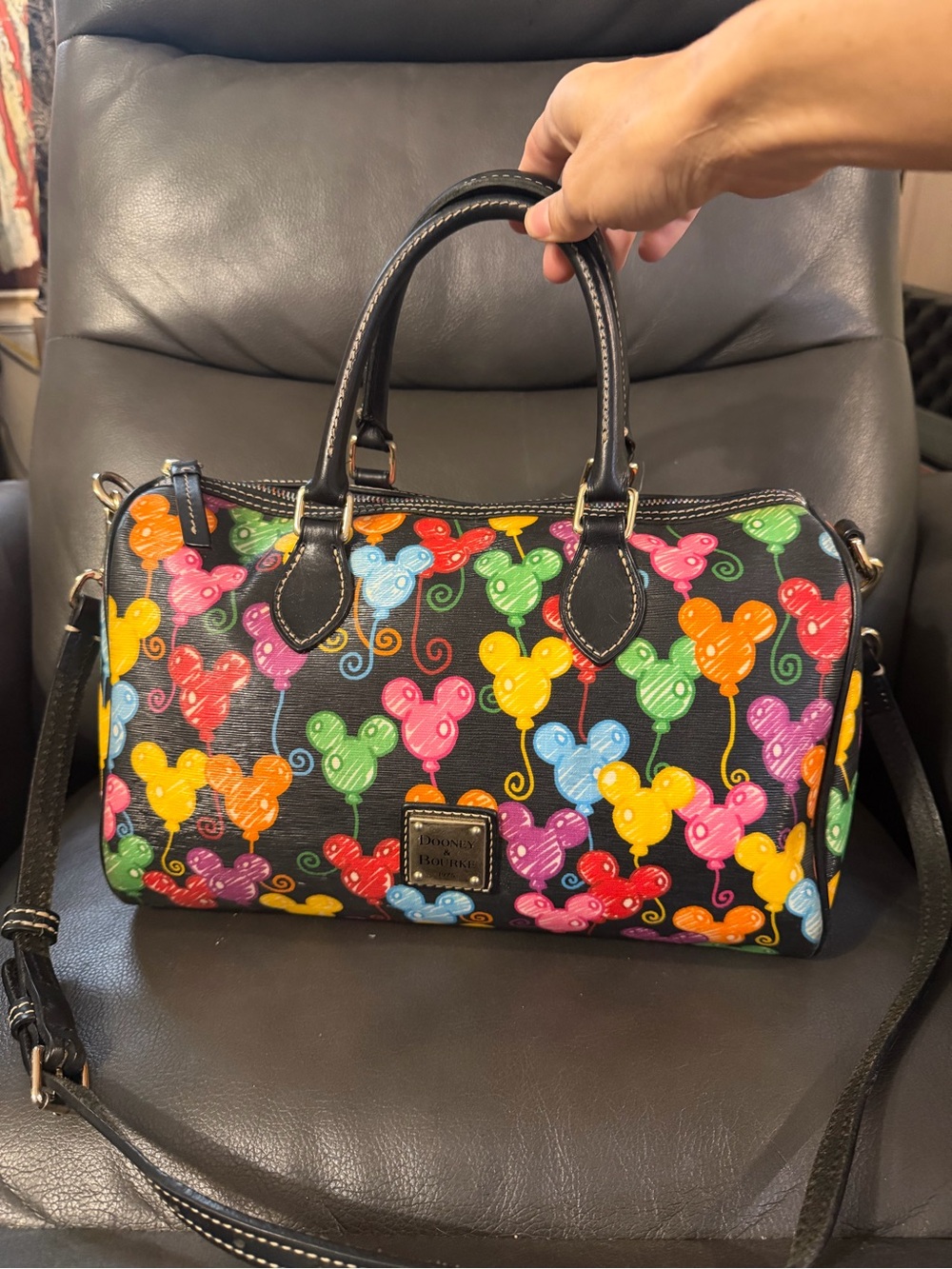 Dooney & Bourke Black Satchel with Multicolor Balloon Mickey Heart Print